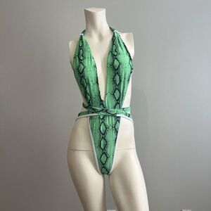Women's One Piece Size Medium Green Python Plunging‎ Wrap Swimsuit Swimwear